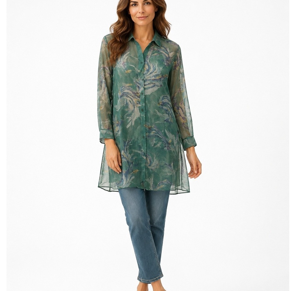 Gabby Isabella Sheer Floral Tunic Blouse Green Chiffon Workwear Size M